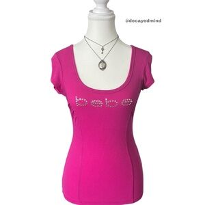 Y2K “Bebe” Magenta Pink Rhinestone Graphic Ribbed Short Sleeve Top